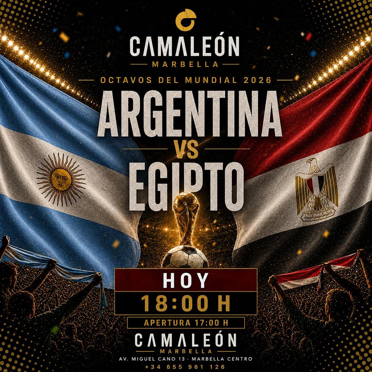 Cartel de retransmisión en directo de Argentina vs Egipto en los octavos del Mundial 2026 con ambiente de fútbol internacional y partido de tarde en Marbella centro.