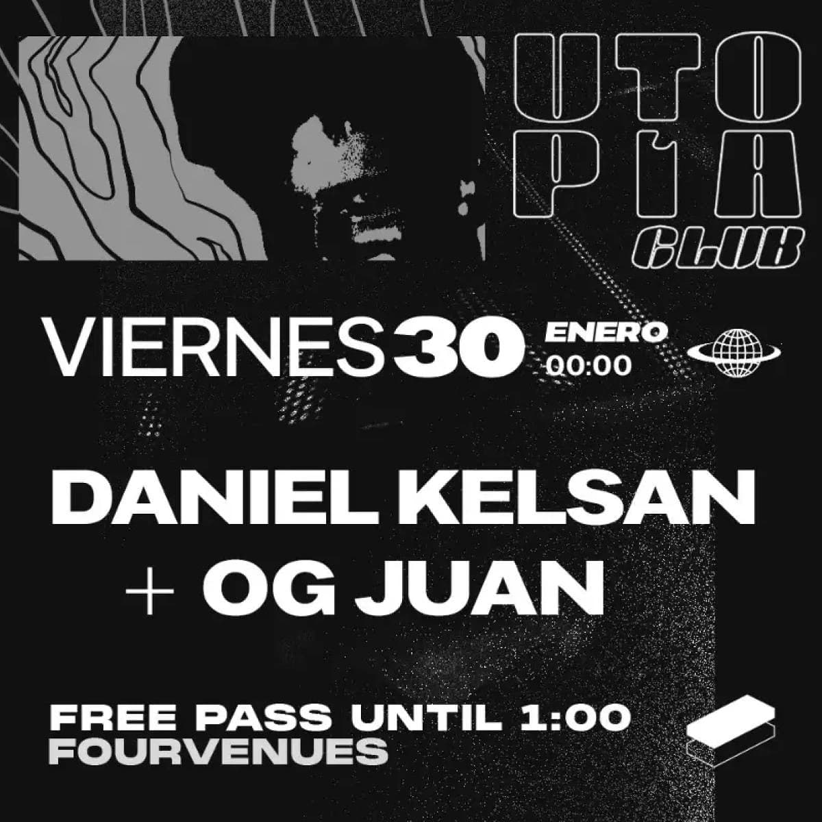 Noche UTOPÍA en Málaga 2026 con Daniel Kelsan y OG Juan en The Club, evento underground de garage y electro