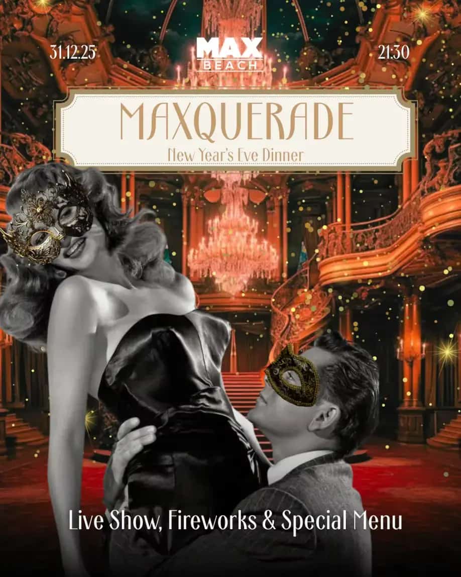 Masquerade New Year’s Eve dinner show at Max Beach Marbella by the sea.