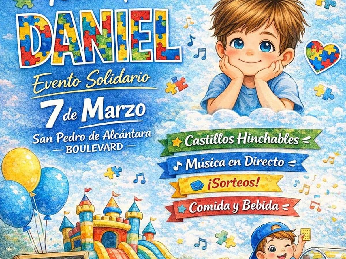 Cartel del evento solidario “Todos por Daniel” en San Pedro Alcántara con actividades infantiles, castillos hinchables, música en directo, comida, sorteos y jornada familiar para apoyar el autismo.