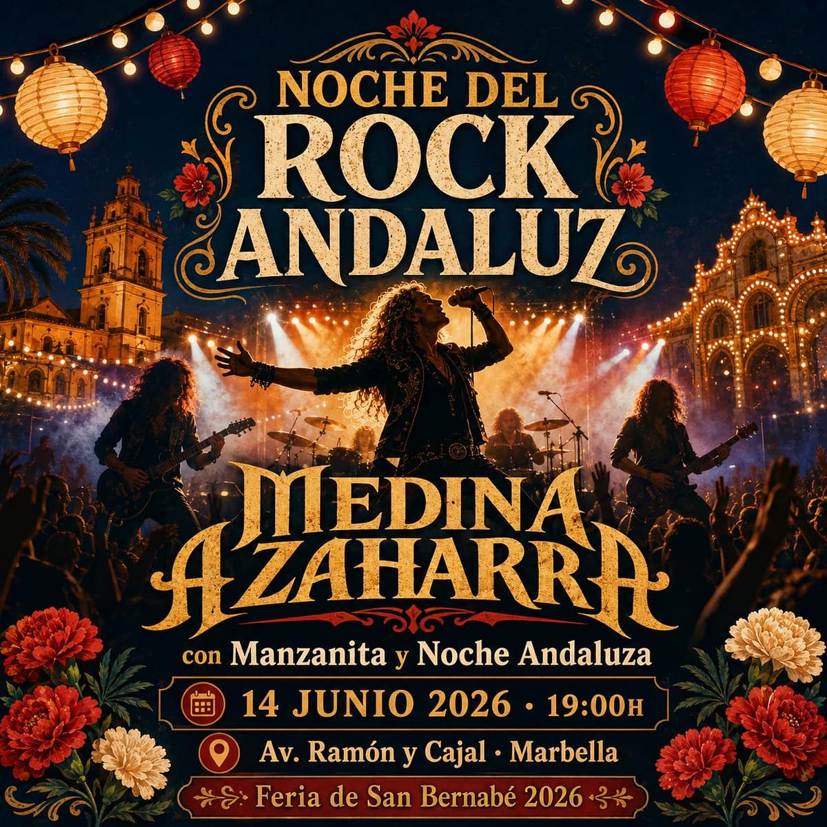 Concierto de la Noche del Rock Andaluz en la Feria de San Bernabé Marbella 2026, con Medina Azahara, Manzanita y homenaje a Triana.