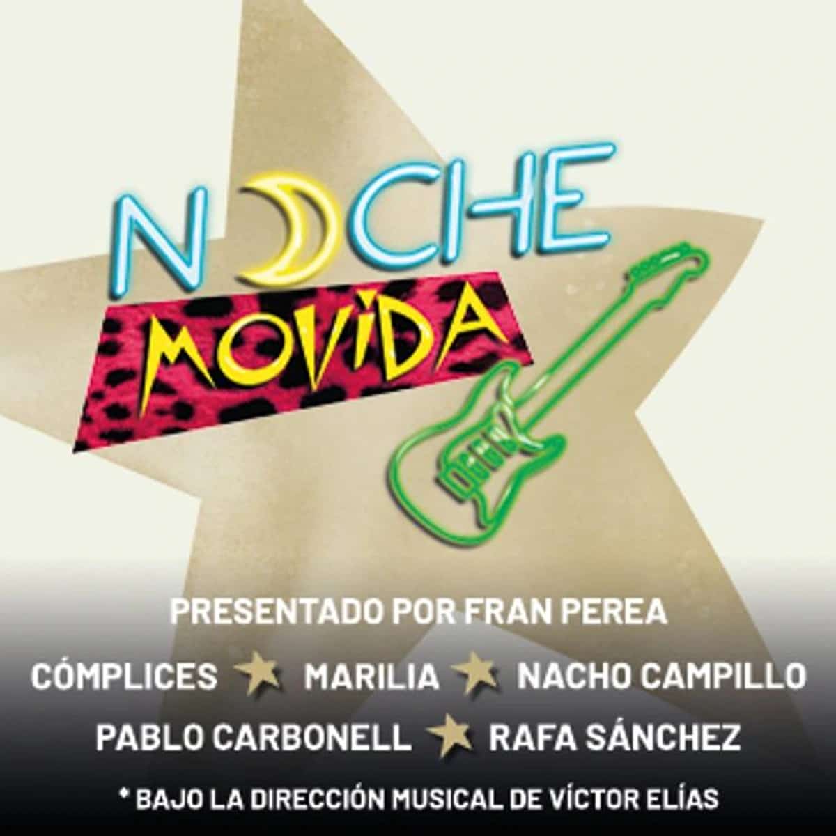 Noche Movida poster with neon lettering and a green electric guitar for the Spanish ’80s pop show on 11 August at Starlite Occident.