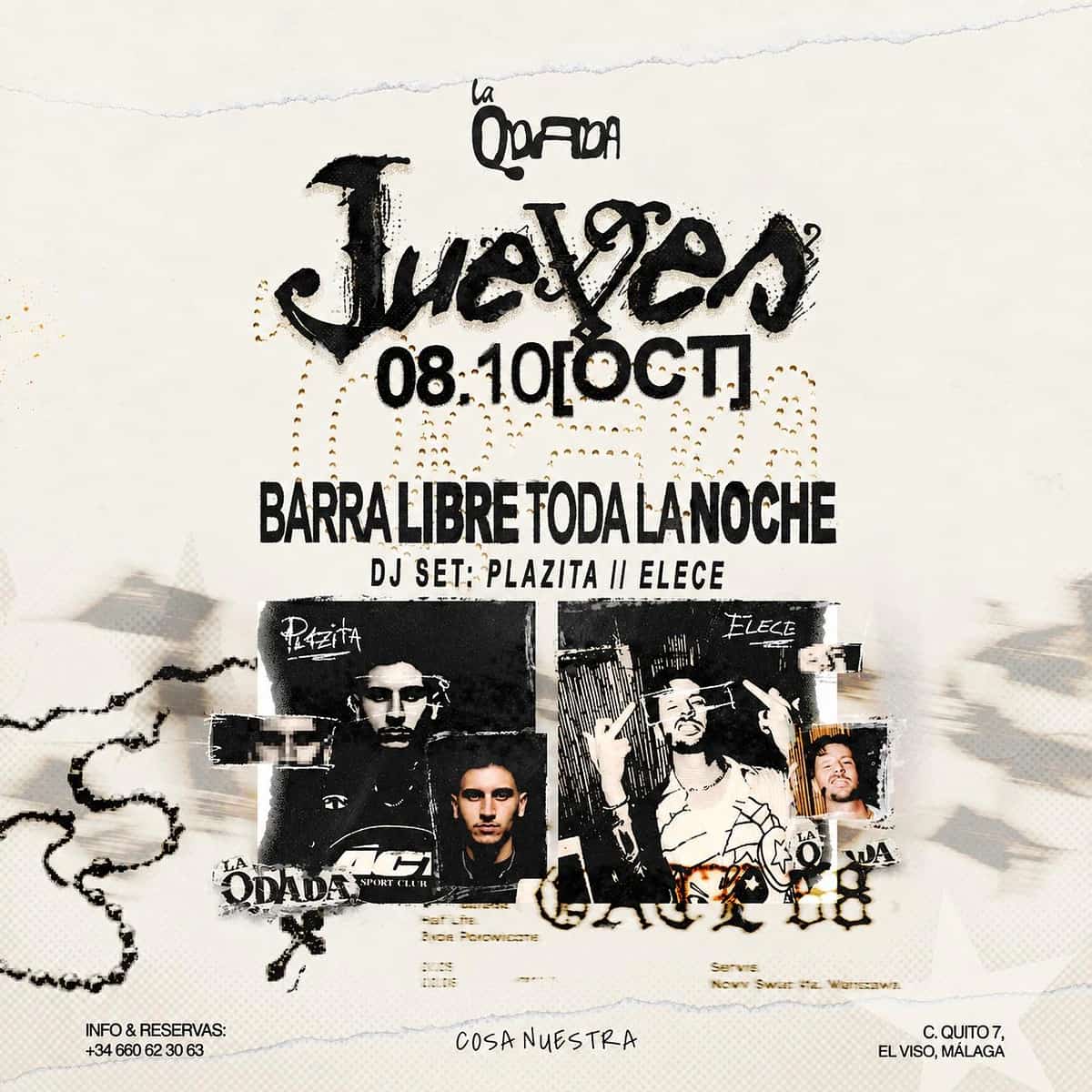 Cartel de La QDADA en Cosa Nuestra Málaga para el jueves 8 de octubre, con barra libre toda la noche y DJ set de Plazita y Elece.