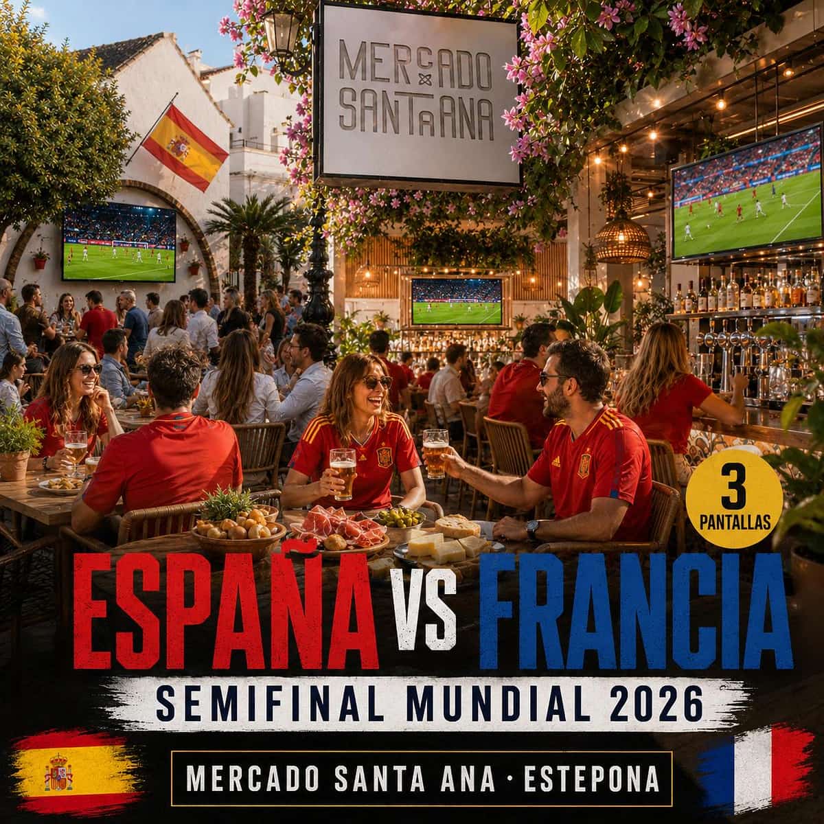 Cartel del partido España vs Francia del Mundial 2026 en Mercado Santa Ana Estepona, semifinal con 3 pantallas en espacios diferentes, comida, cerveza fría y ambiente de La Roja.