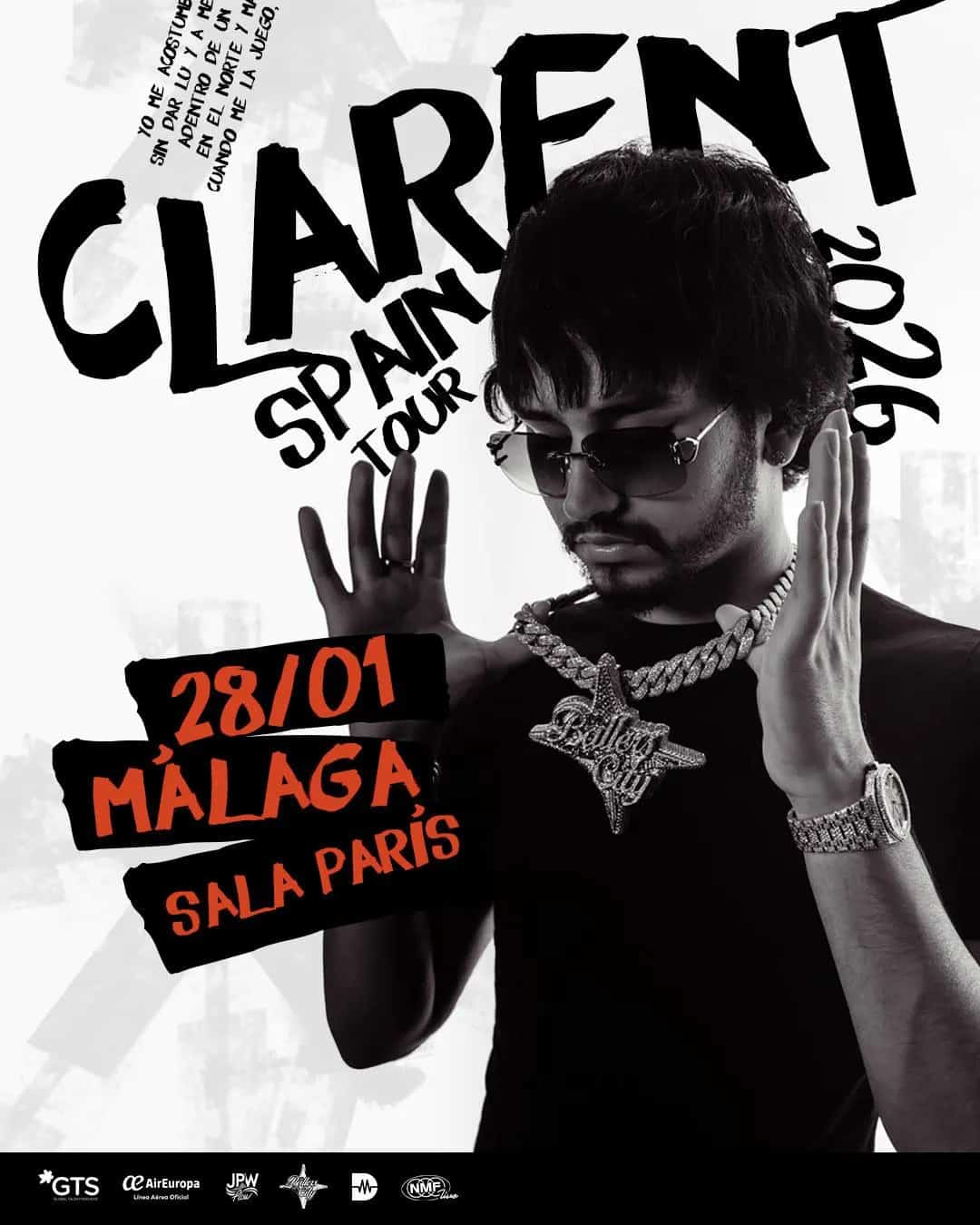 Cartel de Clarent en directo en Málaga con su España Tour 2026.