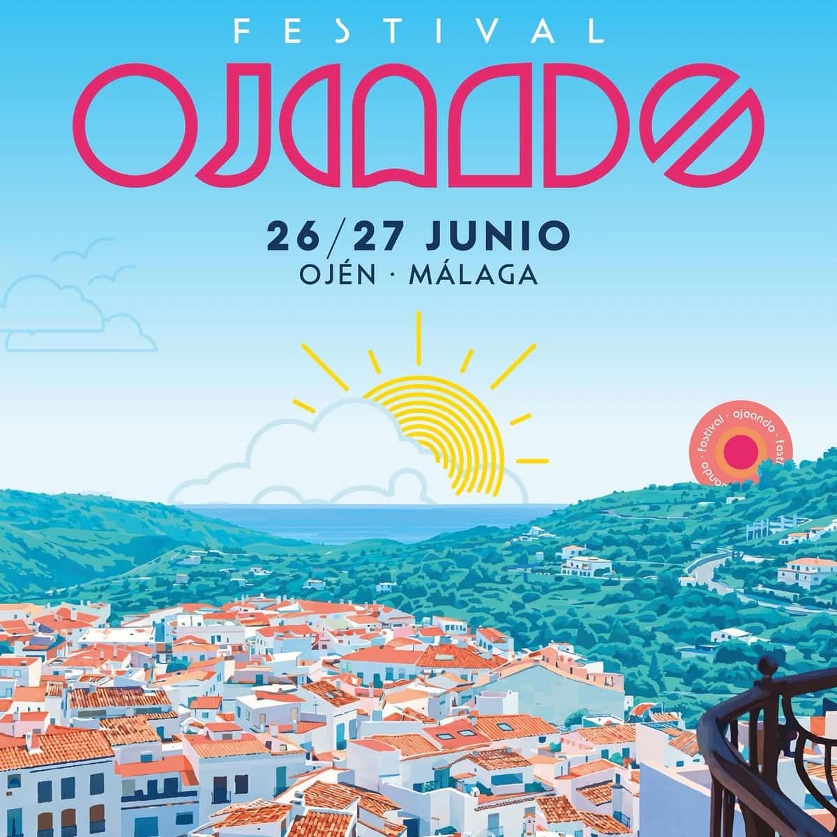 Cartel de Ojeando 2026 con paisaje de Ojén y programación musical por escenarios del festival los días 26 y 27 de junio.