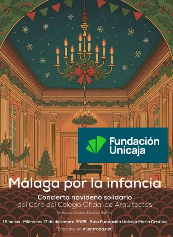 Ilustración navideña del interior de la Sala Fundación Unicaja María Cristina con guirnaldas, árboles de Navidad y candelabros encendidos, un piano de cola negro sobre el escenario y el texto ‘Málaga por la infancia – Concierto navideño solidario del Coro del Colegio Oficial de Arquitectos, miércoles 17 de diciembre 2025, 19 h.