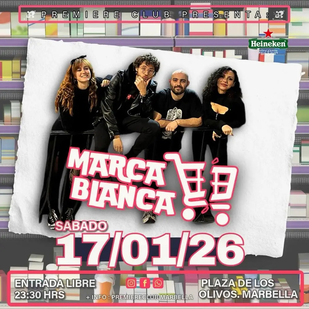 Cartel del concierto de Marca Blanca con música en vivo en Plaza de los Olivos, Marbella, el sábado 17 de enero de 2026 con entrada libre.