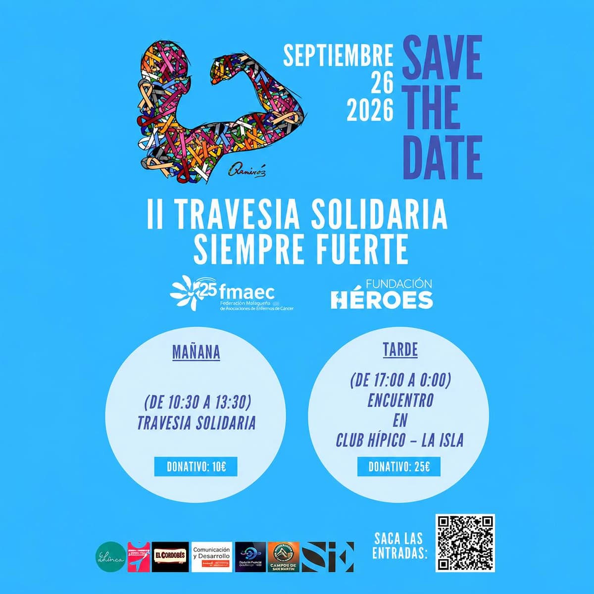 Cartel de la II Travesía Solidaria Siempre Fuerte del 26 de septiembre de 2026, con símbolo multicolor de fuerza, logos de FMAEC y Fundación Héroes, horarios de la travesía de mañana y del encuentro de tarde, donativos y código QR para entradas.