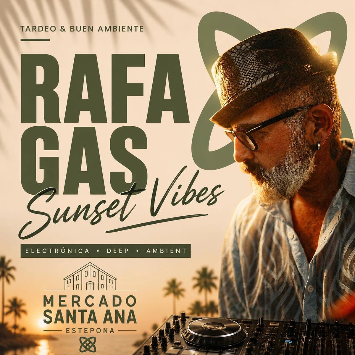 Cartel de Rafa Gas Sunset Vibes en Mercado Santa Ana Estepona, con estética sunset y sesión de electrónica, deep y ambient.