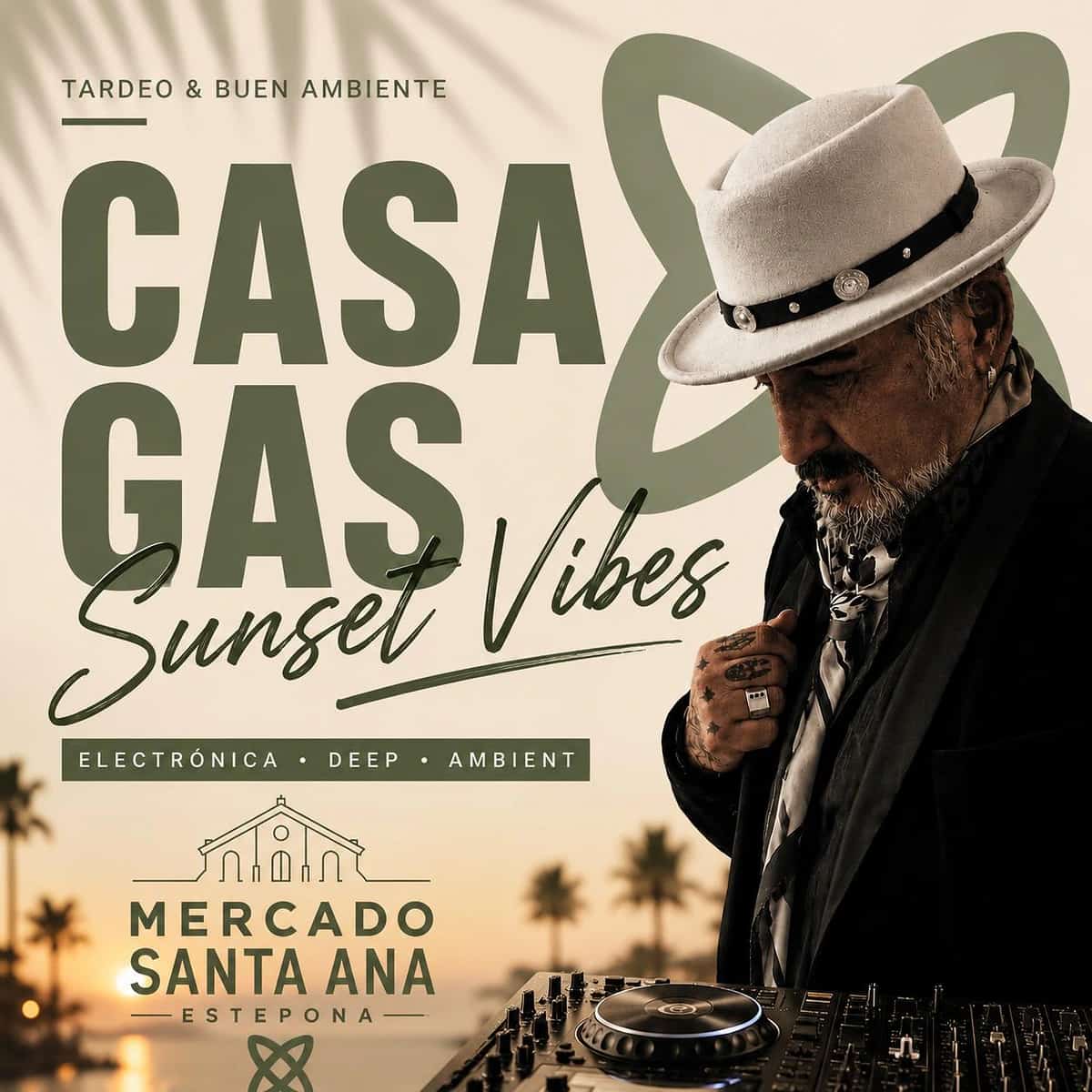 Cartel de Casa Gas Sunset Vibes en Mercado Santa Ana Estepona, con estética sunset y sesión de electrónica, deep y ambient.