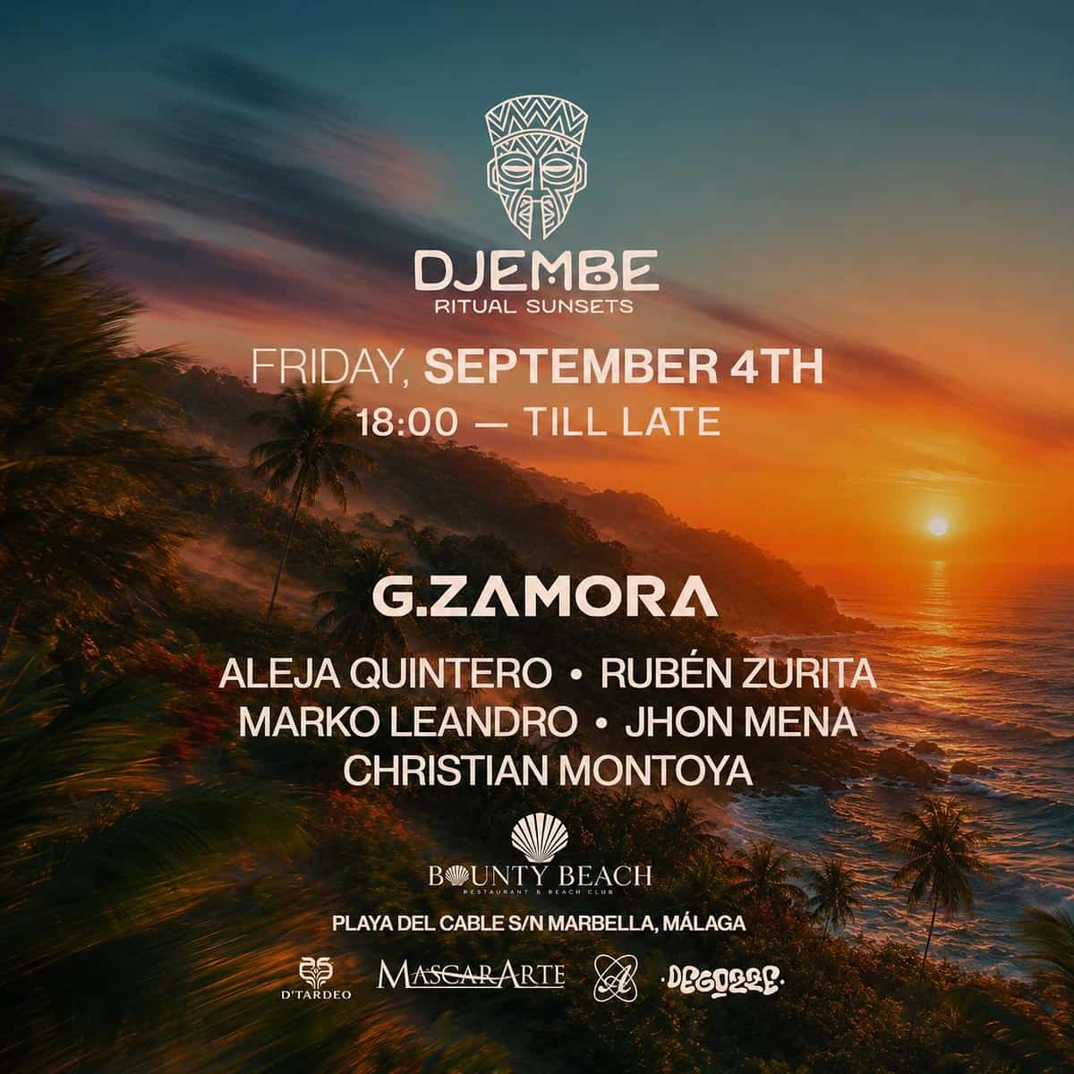 Cartel de DJEMBE x Bounty Beach Models & Friends Verano en Marbella, con paisaje tropical al atardecer, estética selvática, line-up Afro House y evento en Playa del Cable.