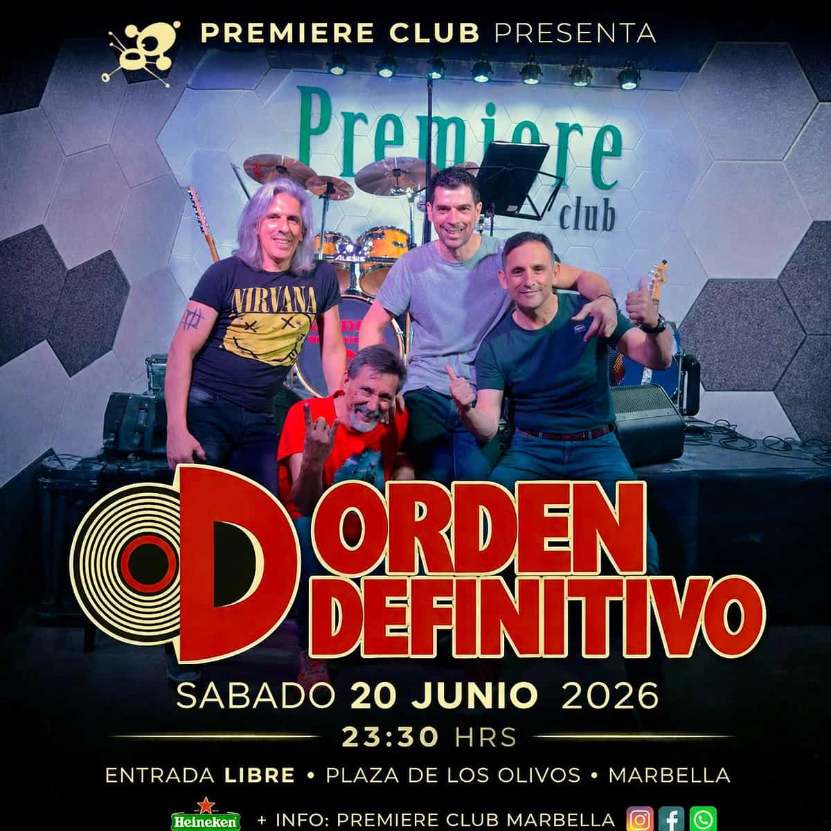 Cartel promocional de Orden Definitivo en Premiere Club Marbella con cuatro miembros de la banda posando sobre el escenario. El concierto es el sábado 20 de junio de 2026 a las 23:30 h y la entrada es libre.