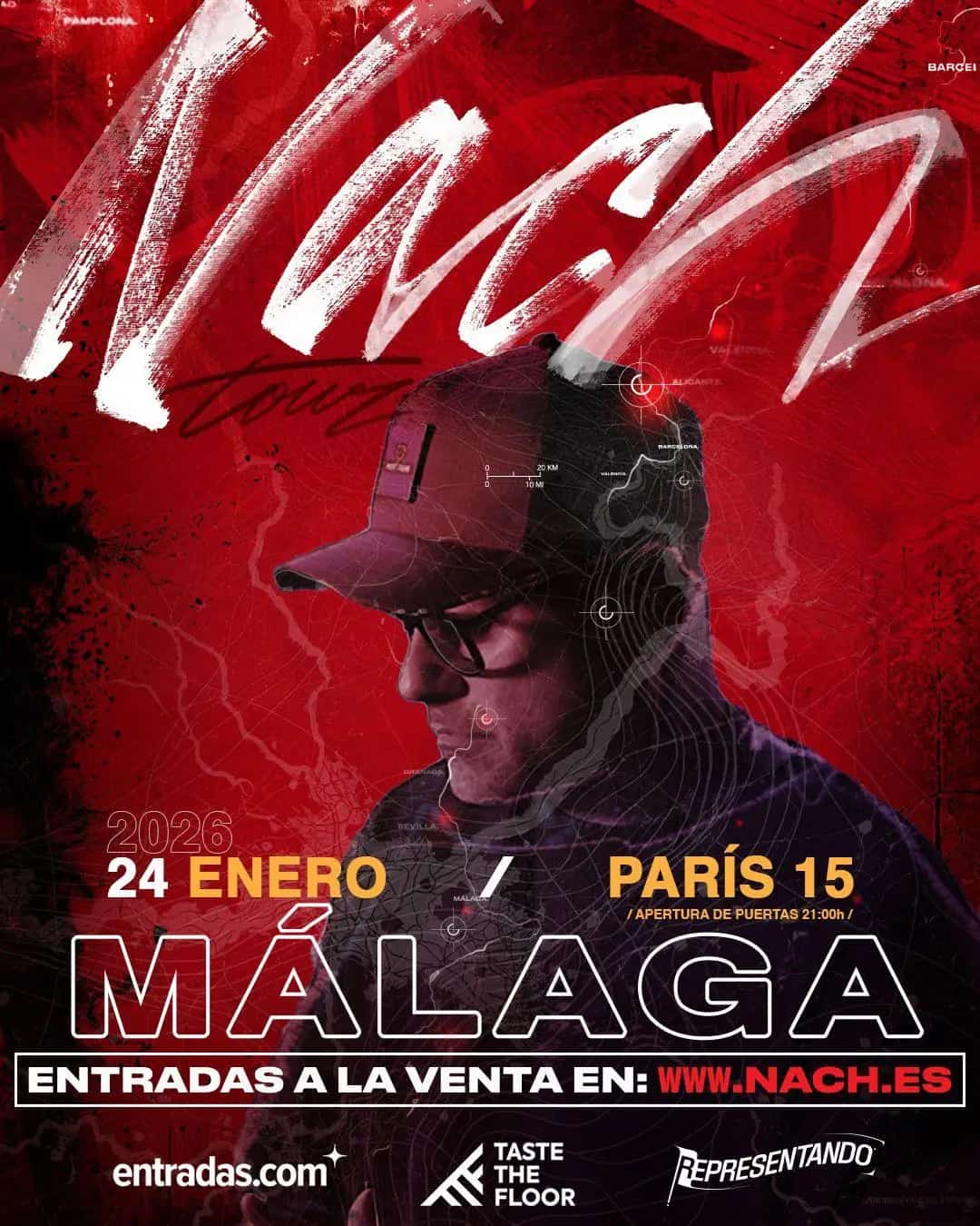 NACH en directo en Málaga 2026 – Gira Destino, interpretando sus éxitos clásicos y temas de su último álbum.