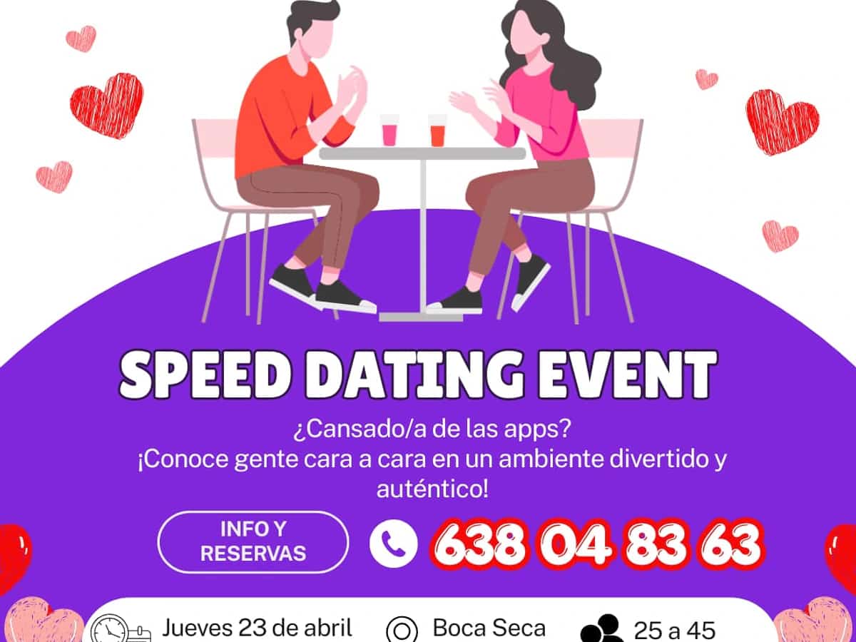 Cartel de speed dating en Boca Seca Marbella organizado por MegGlobalDating, jueves 23 de abril de 18:00 a 20:00, para personas de 25 a 45 años.