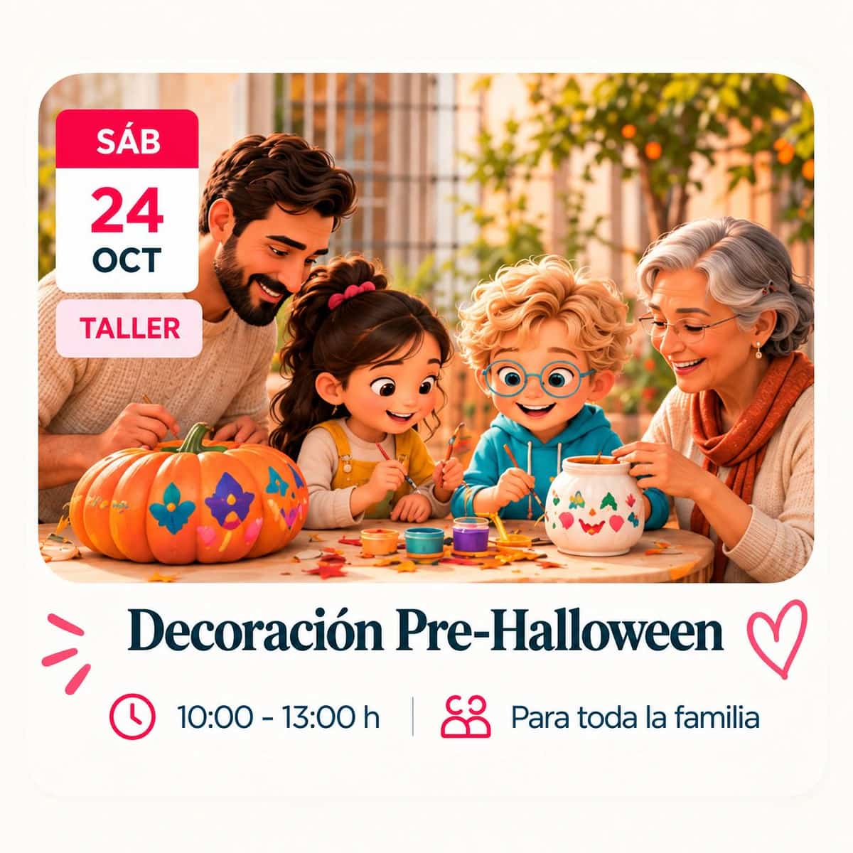 Cartel de Decoración Pre-Halloween con una familia pintando calabazas, fecha 24 de octubre, horario de 10:00 a 13:00 y actividad para toda la familia.