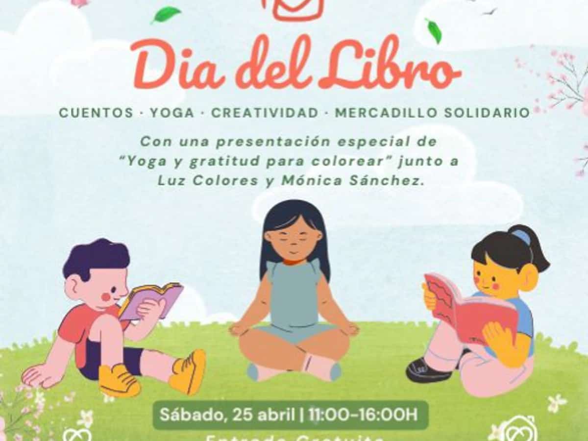 Poster for Book Day at Casa Ángeles with children’s illustrations and event details for a family day of storytelling, yoga, creativity and a charity market in Marbella.