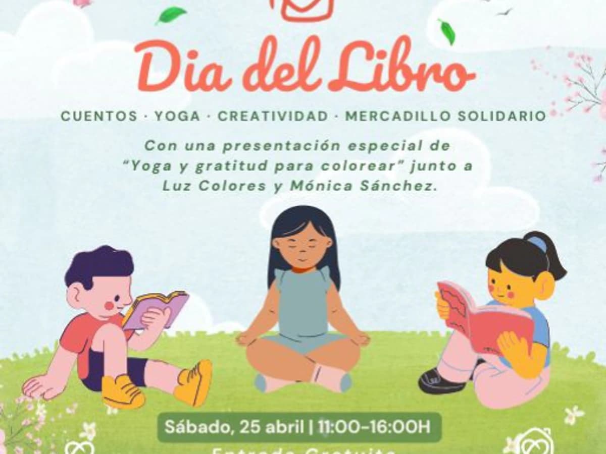 Poster for Book Day at Casa Ángeles with children’s illustrations and event details for a family day of storytelling, yoga, creativity and a charity market in Marbella.