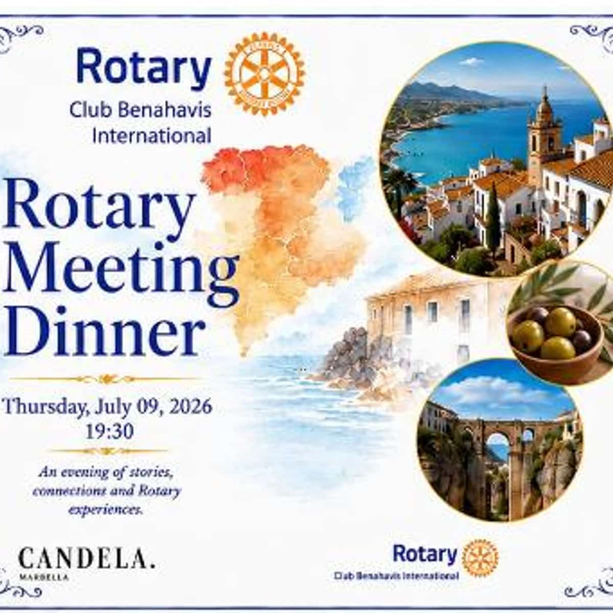 Cartel de Rotary Meeting Dinner en Candela Marbella, con fecha 9 de julio de 2026, menú español, ponente Shidokht Safaei y detalles de reserva.