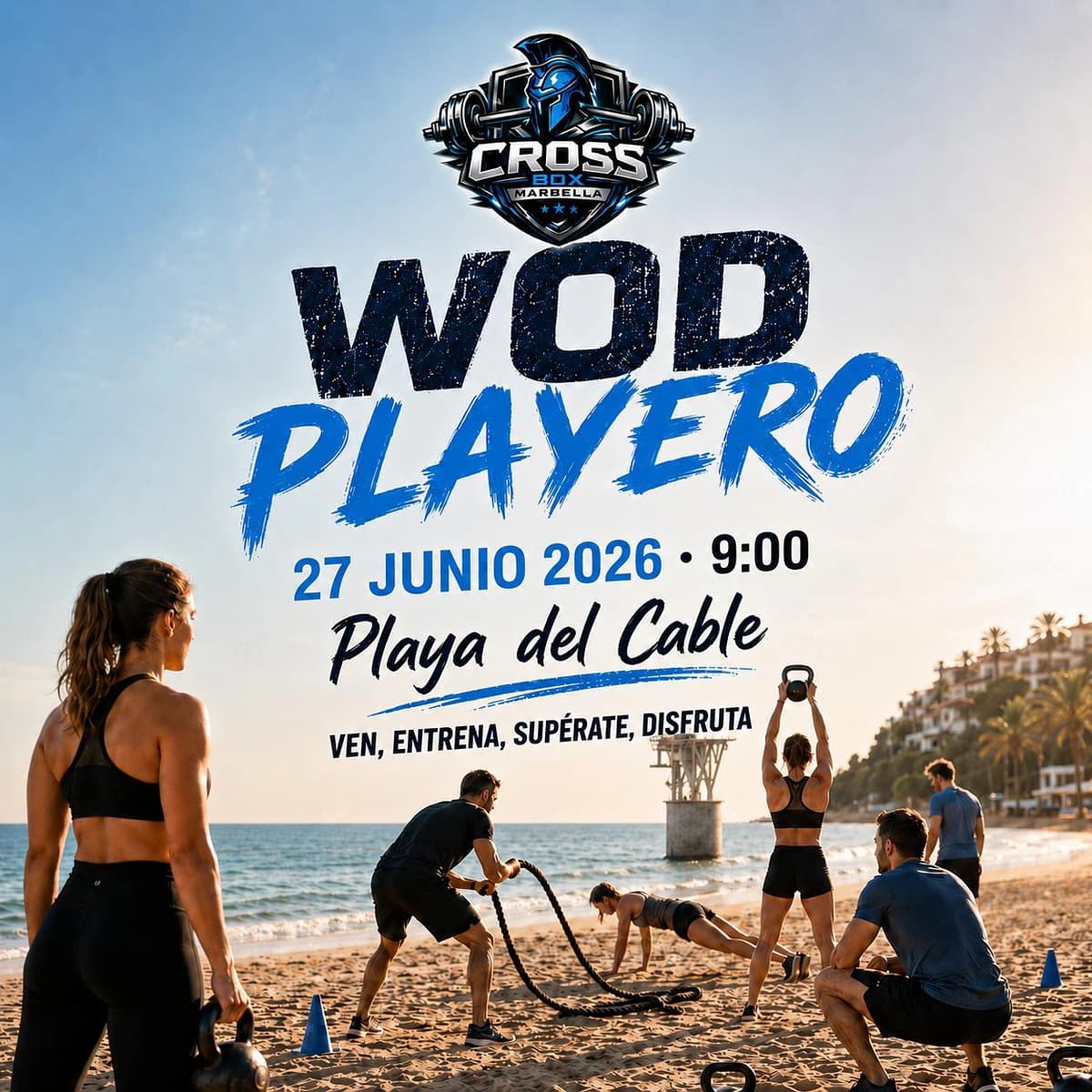 Cartel de WOD Playero de CrossBox Marbella con varios deportistas entrenando en la arena de Playa del Cable, la torreta al fondo sobre el mar, fecha 27 de junio de 2026 y hora de inicio a las 9:00.