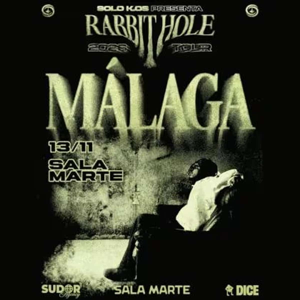 Cartel oscuro de Solo K.OS, Rabbit Hole Tour 2026, con el nombre Málaga en letras grandes, una figura inclinada y fecha 13/11 en Sala Marte.
