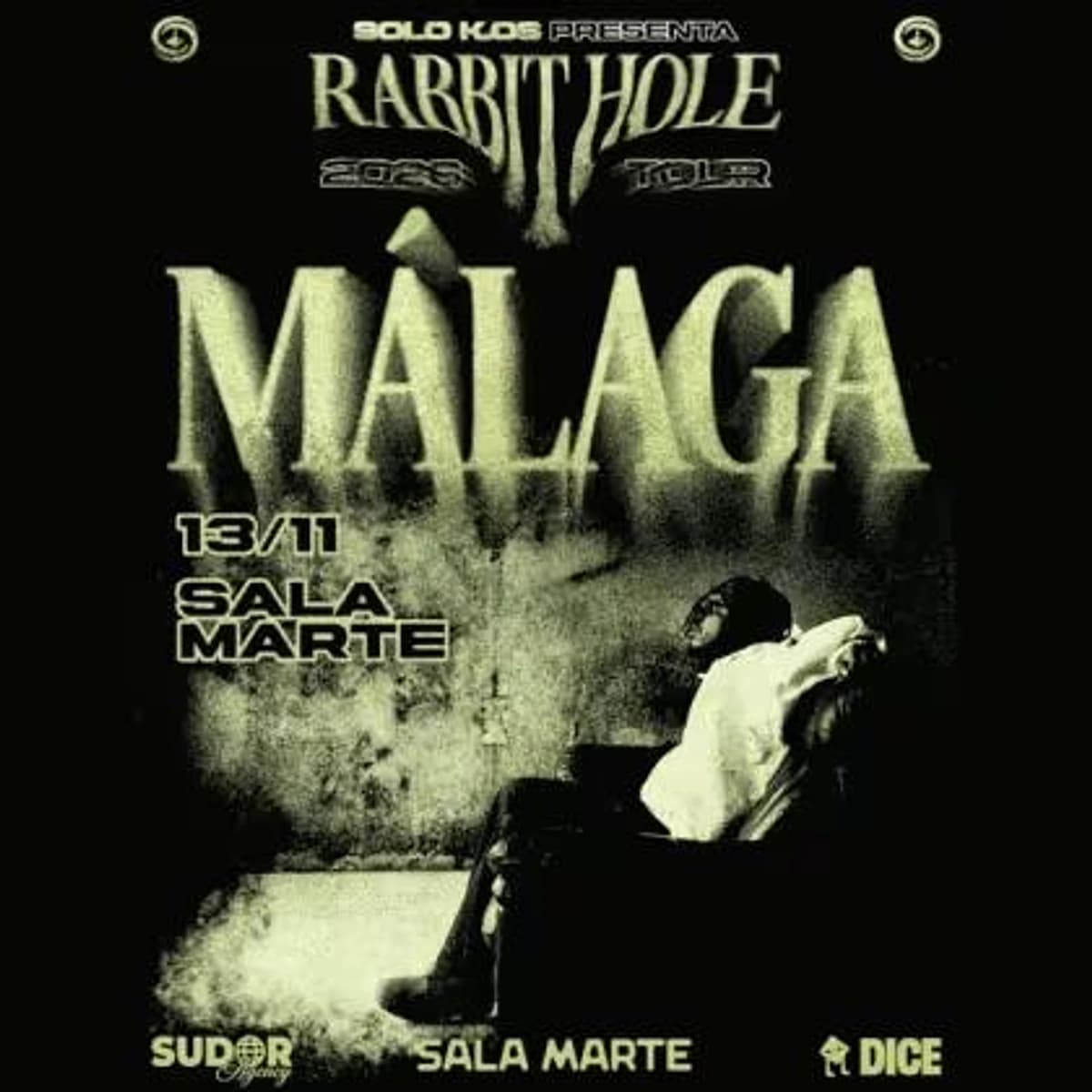 Cartel oscuro de Solo K.OS, Rabbit Hole Tour 2026, con el nombre Málaga en letras grandes, una figura inclinada y fecha 13/11 en Sala Marte.