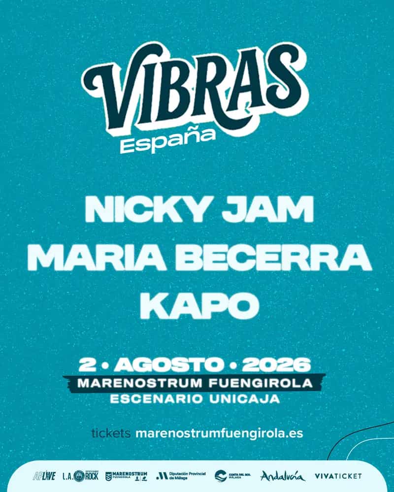 Cartel colorido del evento con alineación de artistas y fondo de playa
