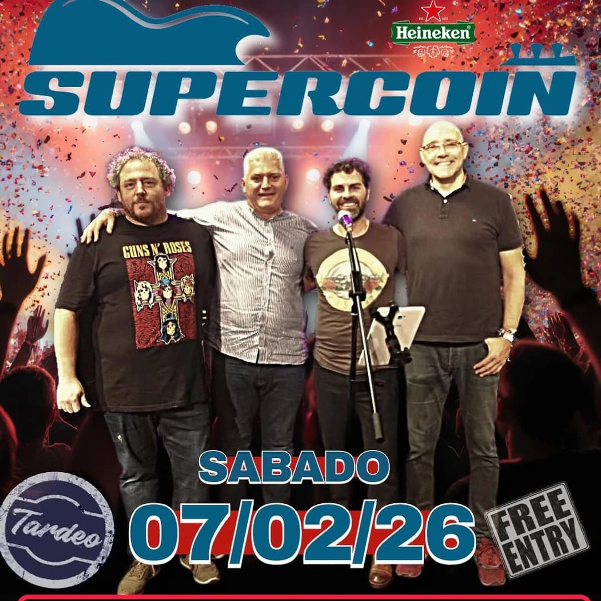 Grupo Supercoin actuando en directo en Premiere Club Marbella durante tardeo musical, concierto de versiones y rock en vivo con entrada libre en Plaza de los Olivos.
