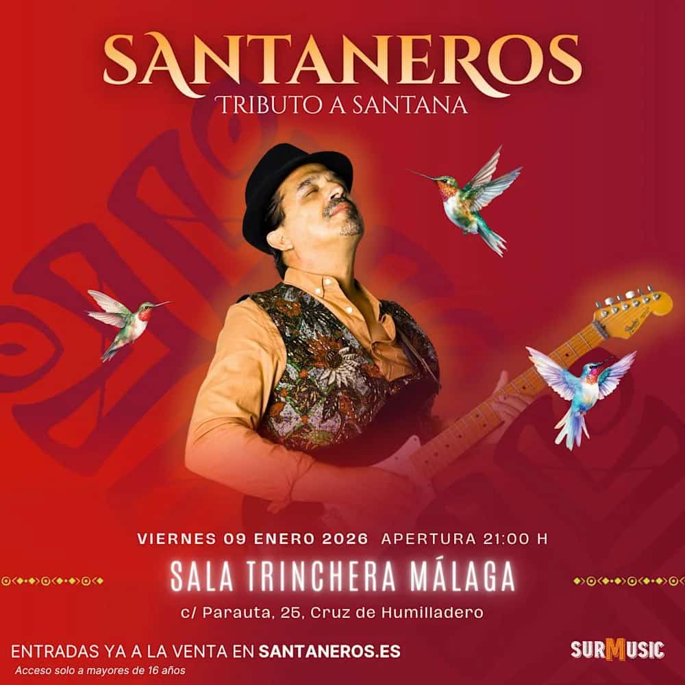Concierto tributo a Santana en Málaga con guitarras en directo y ambiente de rock latino en Sala Trinchera.