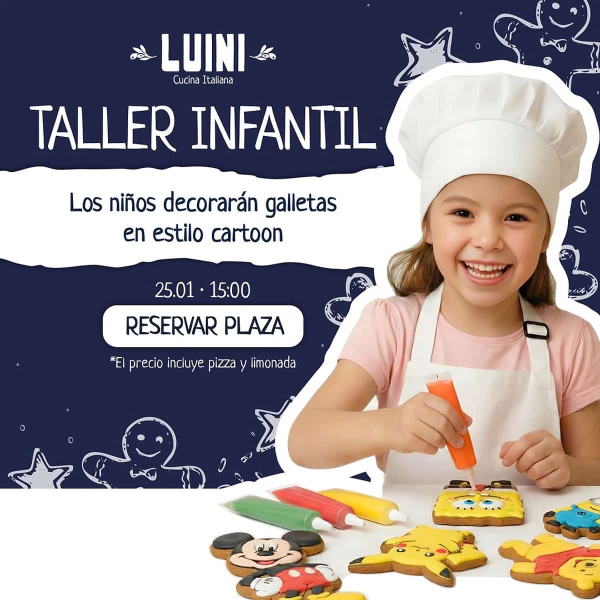 Niña con gorro y delantal de cocina decorando galletas con glaseado de colores, rodeada de galletas en estilo cartoon; anuncio de taller infantil para decorar galletas en restaurante italiano.