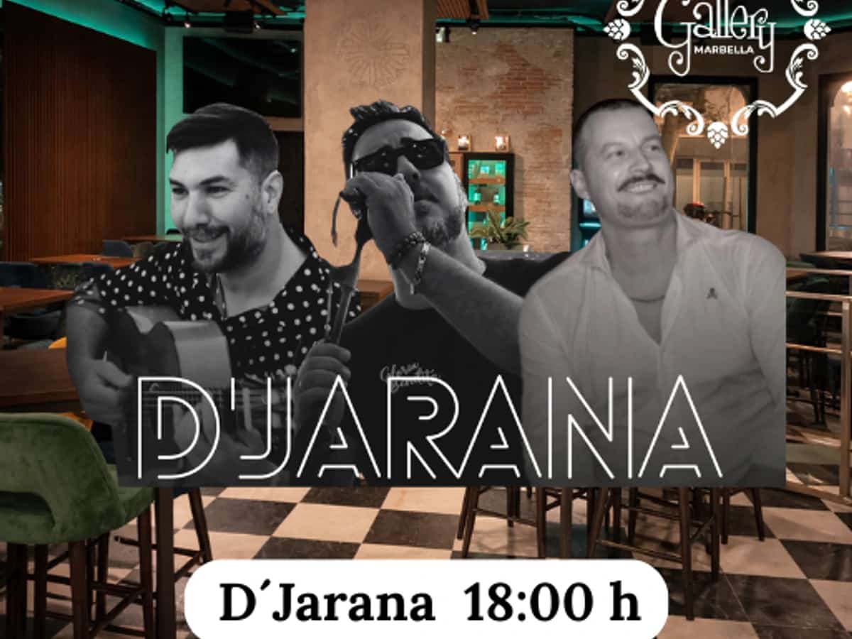 Cartel de D’Jarana en Gallery Marbella para el sábado 16 de mayo a las 18:00, con rumba, flamenco fusión y ambiente social en Marbella centro.