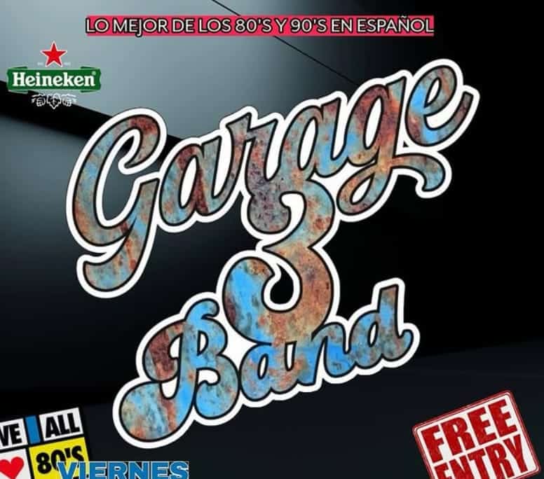 Cartel promocional del concierto gratuito en Premiere Club Marbella con Garaje 3 Band tocando lo mejor del pop rock español de los 80 y 90.