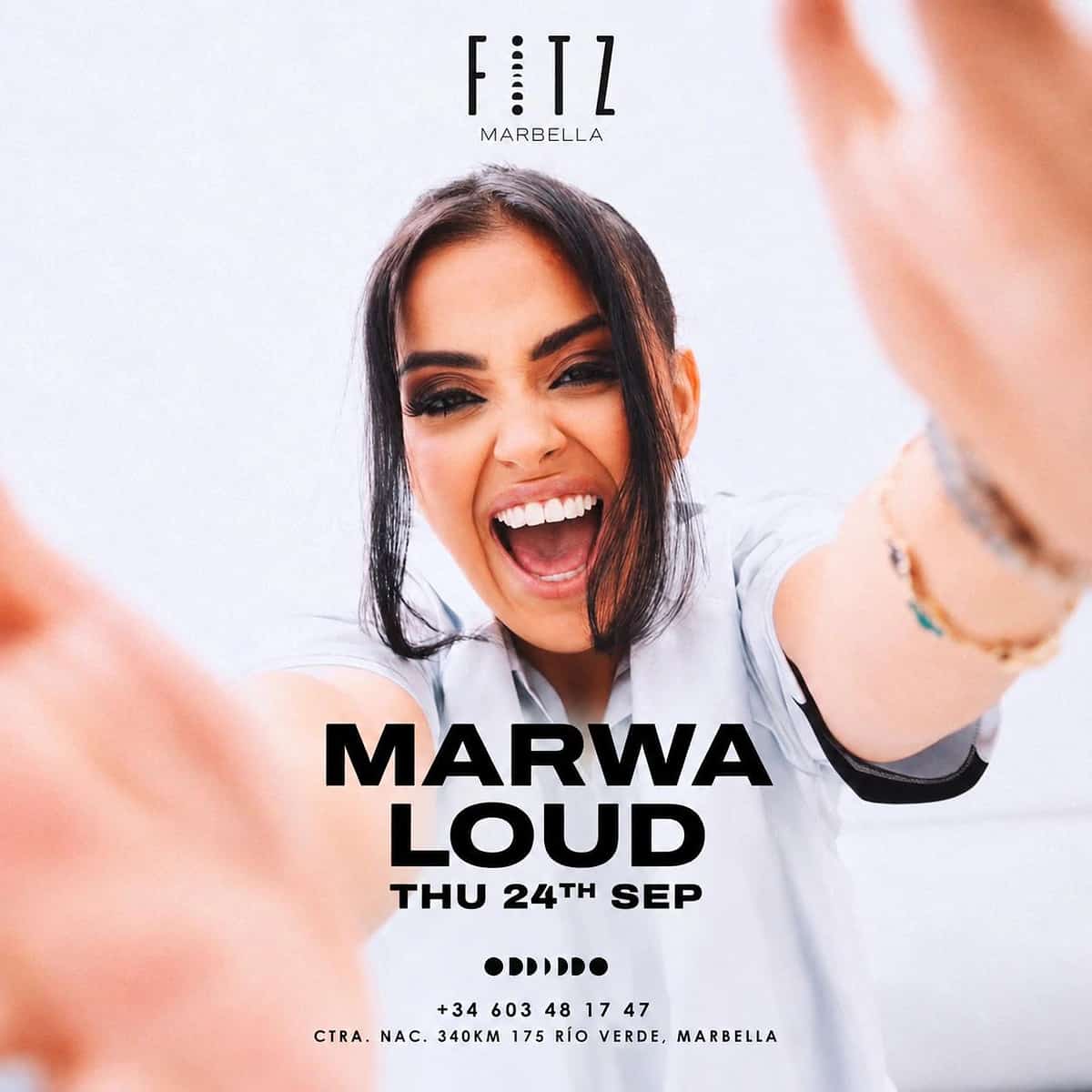 Marwa Loud at FITZ Marbella poster for 24 September, featuring a smiling close-up of the artist, a light background and bold black event text.