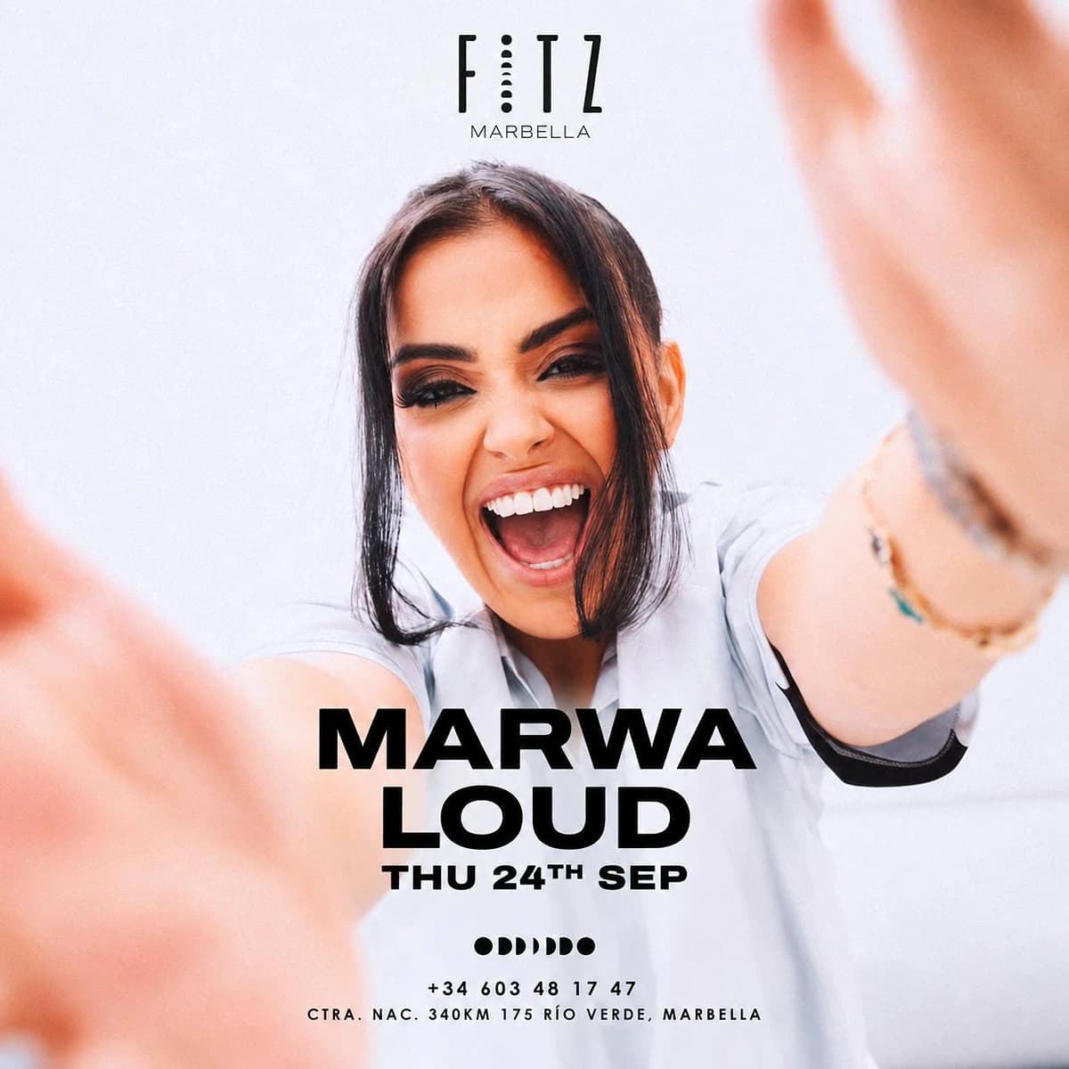 Marwa Loud at FITZ Marbella poster for 24 September, featuring a smiling close-up of the artist, a light background and bold black event text.