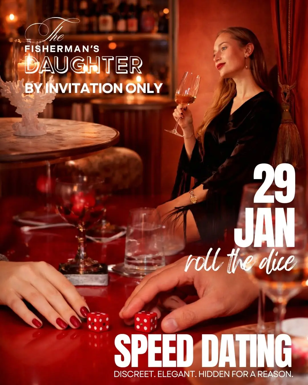 Cartel del evento con el título 'Citas Rápidas · Lanza los Dados', fecha 29 de enero y visuales elegantes. Incluye detalles como entorno exclusivo por invitación.