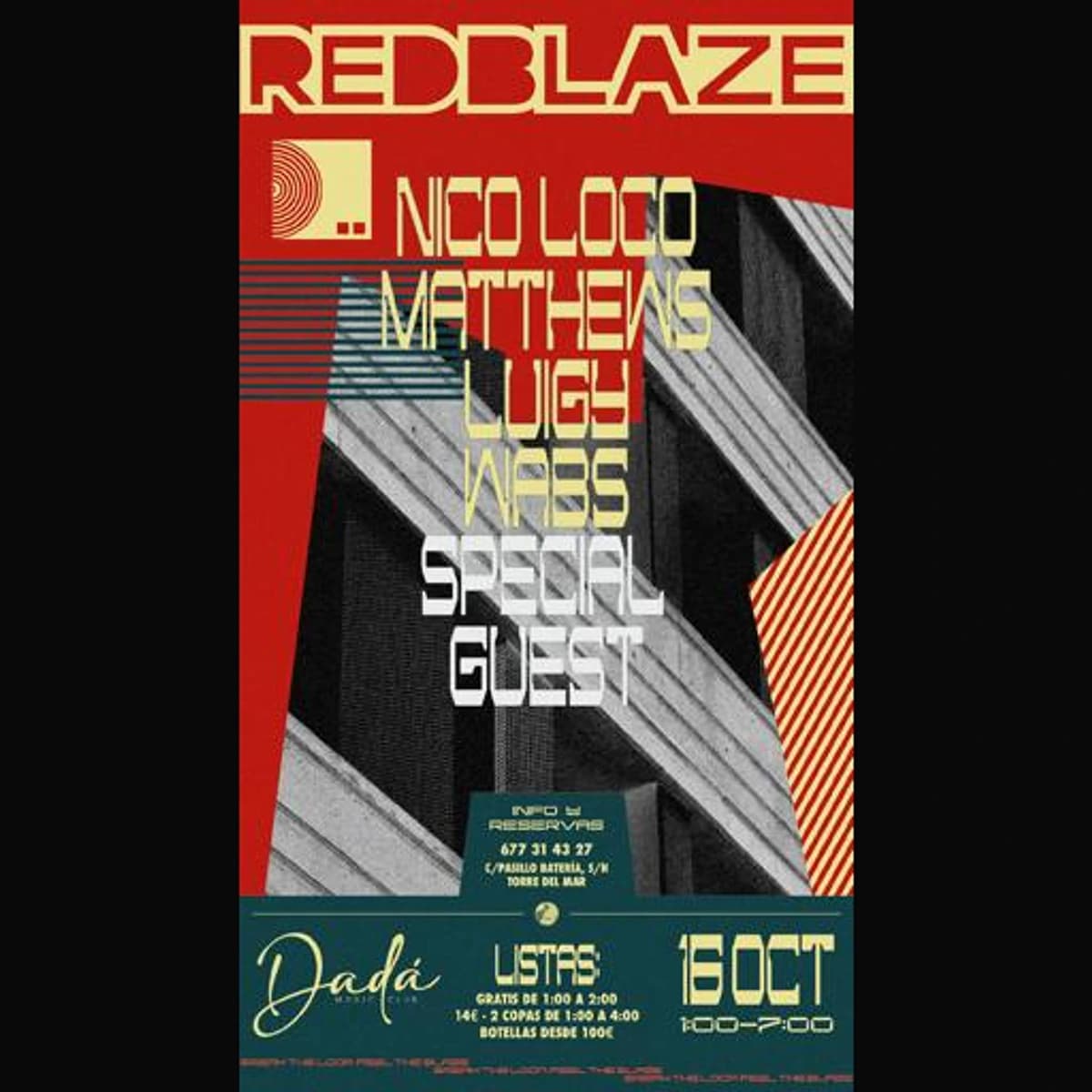 Cartel rojo y amarillo de Red Blaze del 16 de octubre en Dadá Club, con el nombre de Nico Loco, fotografías arquitectónicas en blanco y negro y los horarios de listas.