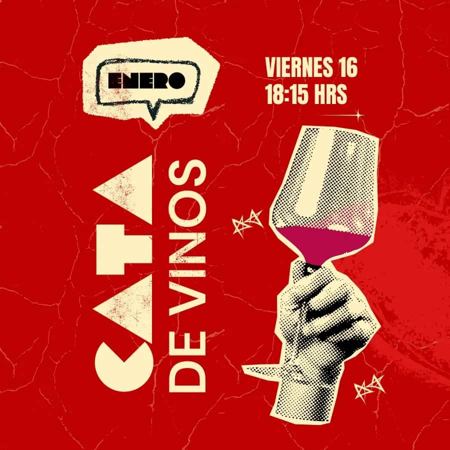 Cartel del evento Cata de Vinos en enero, con degustación de vino el viernes 16 a las 18:15 h.
