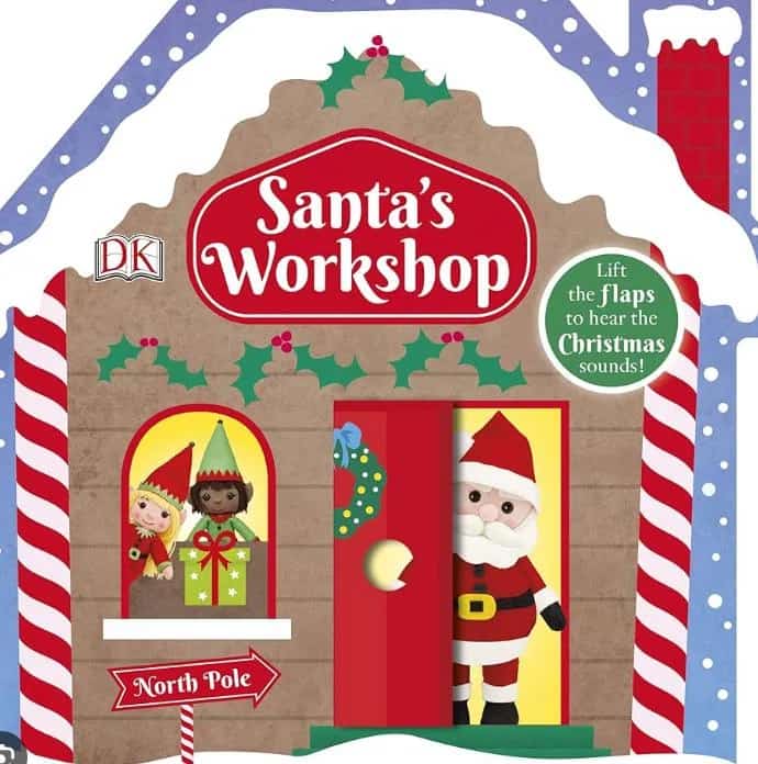 Illustration of a North Pole house with the sign “Santa’s Workshop”, Santa Claus peeking through a red door and two elves in the window, cute design used for Marbella Creative Kids’ «Santa’s Workshop» Christmas workshop.