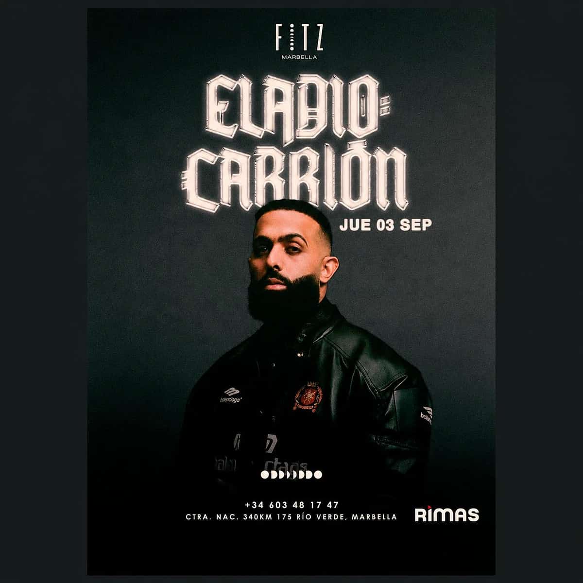 Cartel de Eladio Carrión en FITZ Marbella para el jueves 3 de septiembre, con fondo oscuro, retrato del artista con chaqueta negra, nombre en tipografía grande plateada y datos del evento.