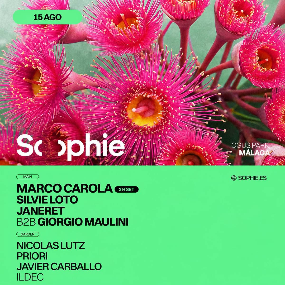 Cartel cuadrado de Sophie CH#5 con una imagen floral en tonos rosa y verde, destacando a Marco Carola con un set de 3 horas junto a Silvie Loto, Janeret b2b Giorgio Maulini, Nicolas Lutz y más artistas en Ogus Park, Málaga, para el festival de música electrónica del 15 de agosto de 2026.