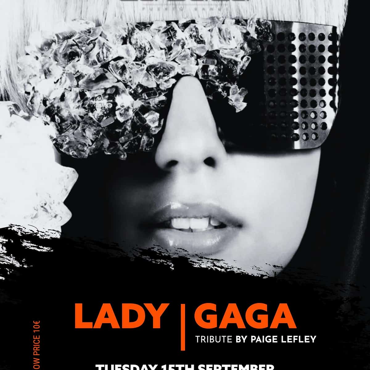 Poster for the Lady Gaga Tribute at La Sala Puerto Banús featuring Paige Lefley in black and white with sparkling glasses, promoting the show on Tuesday, September 15.