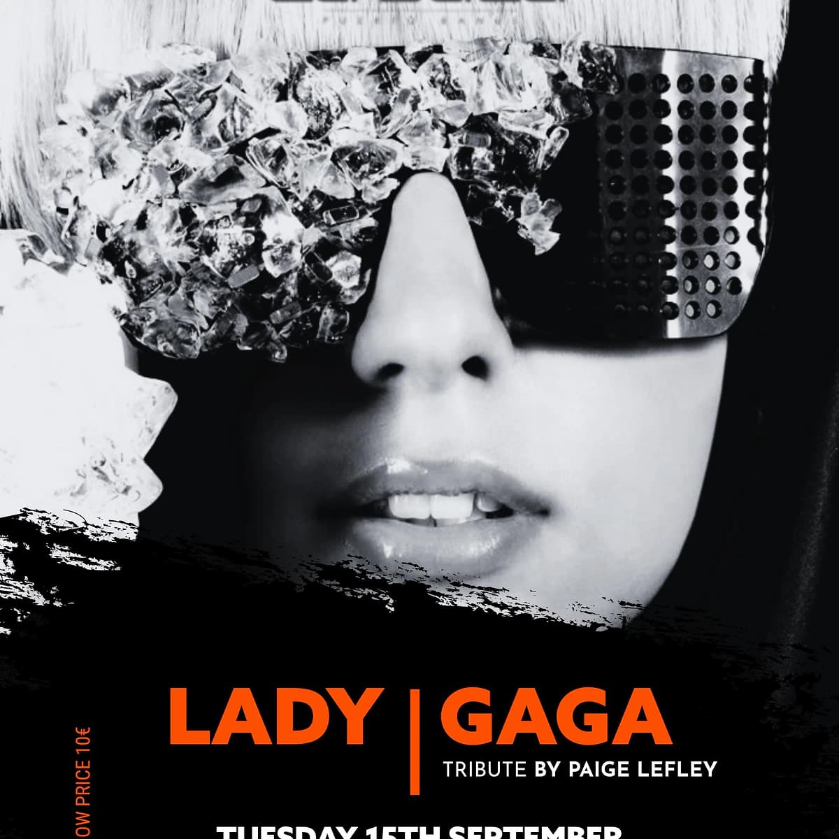 Cartel del Lady Gaga Tribute en La Sala Puerto Banús con Paige Lefley en blanco y negro, gafas brillantes y show anunciado para el martes 15 de septiembre.