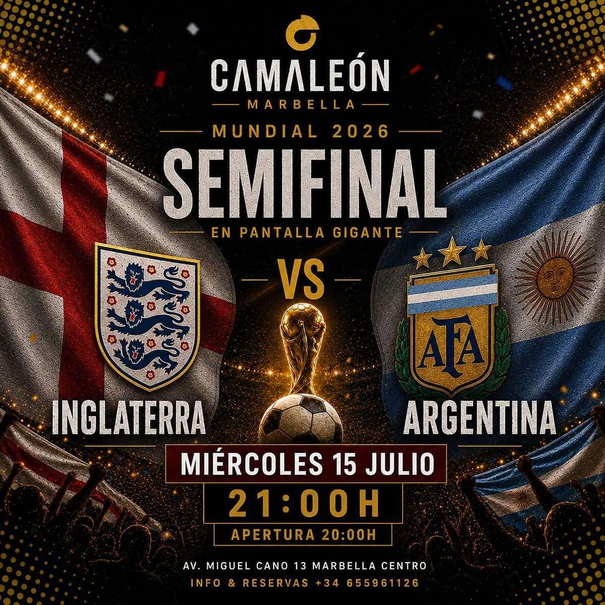 Cartel de Inglaterra vs Argentina en las semifinales del Mundial 2026, con retransmisión en directo y ambiente de fútbol internacional en Camaleón Marbella.