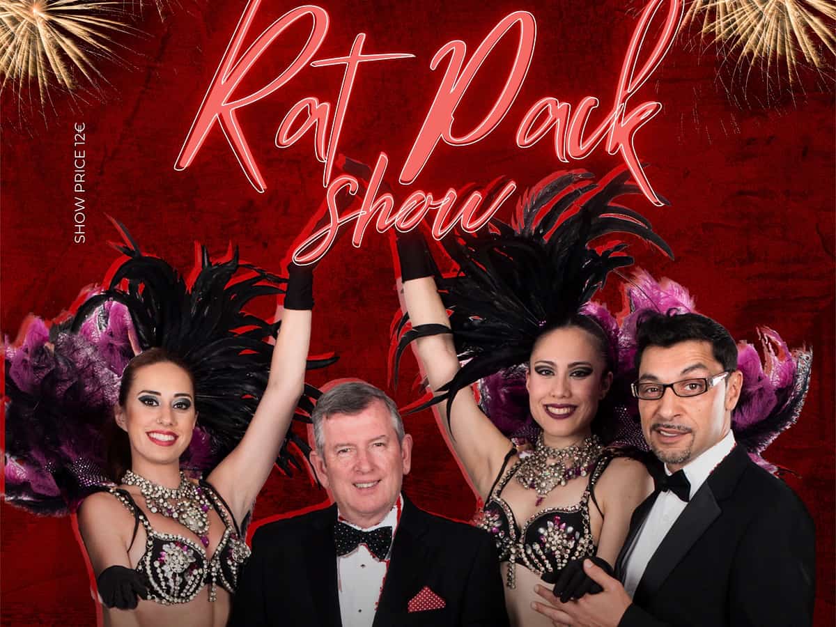 Red poster for the Rat Pack Show at La Sala Puerto Banús featuring two showgirls and two performers promoting a tribute to Frank Sinatra and Sammy Davis Jr. on Tuesday, July 7.