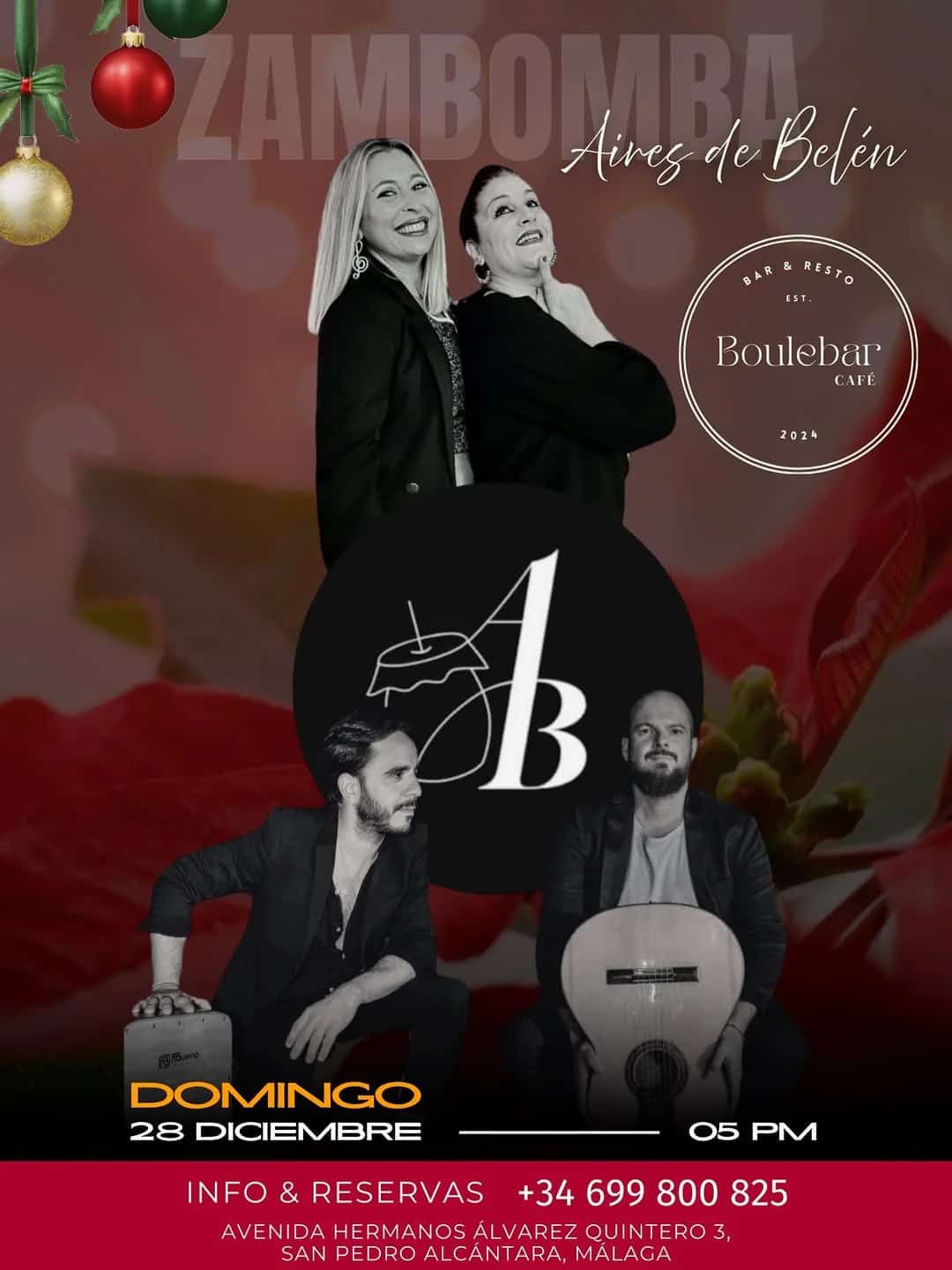 Cartel del evento de Boulebar Café con Zambomba Aires de Belén. Incluye fecha, hora (28 de diciembre, 17:00) y ubicación en San Pedro Alcåntara.
