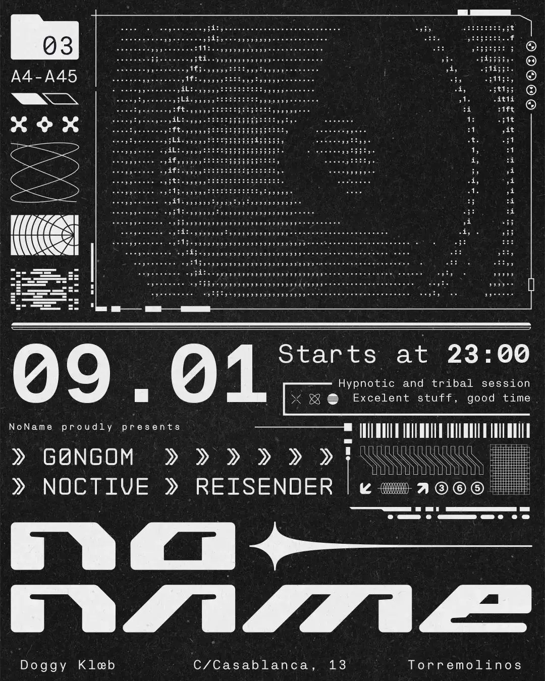NoName Showcase con GØNGOM, Noctive y Reisender, una noche de techno hipnótico y groove oscuro.
