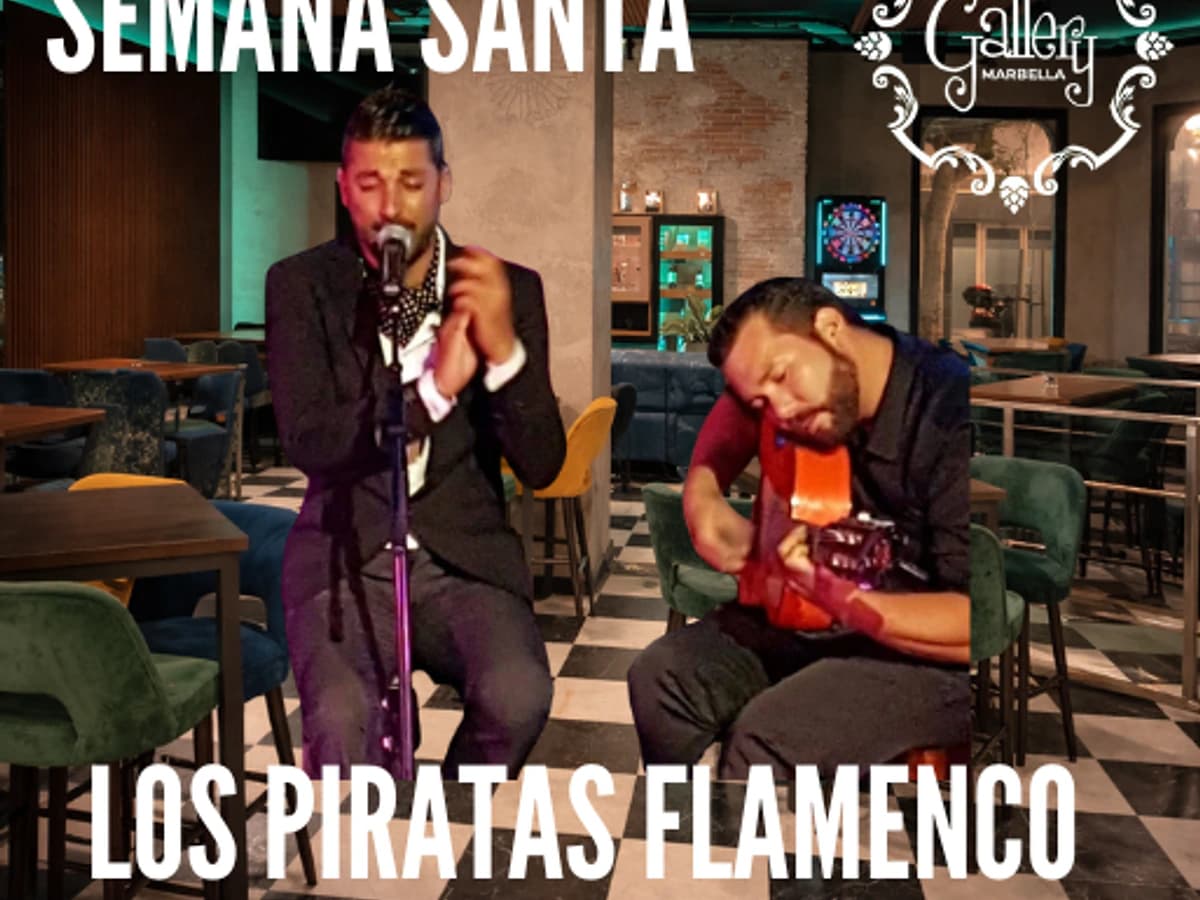 Cartel de Semana Santa en Gallery Marbella con Los Piratas Flamenco actuando en vivo con voz y guitarra en el interior del local.