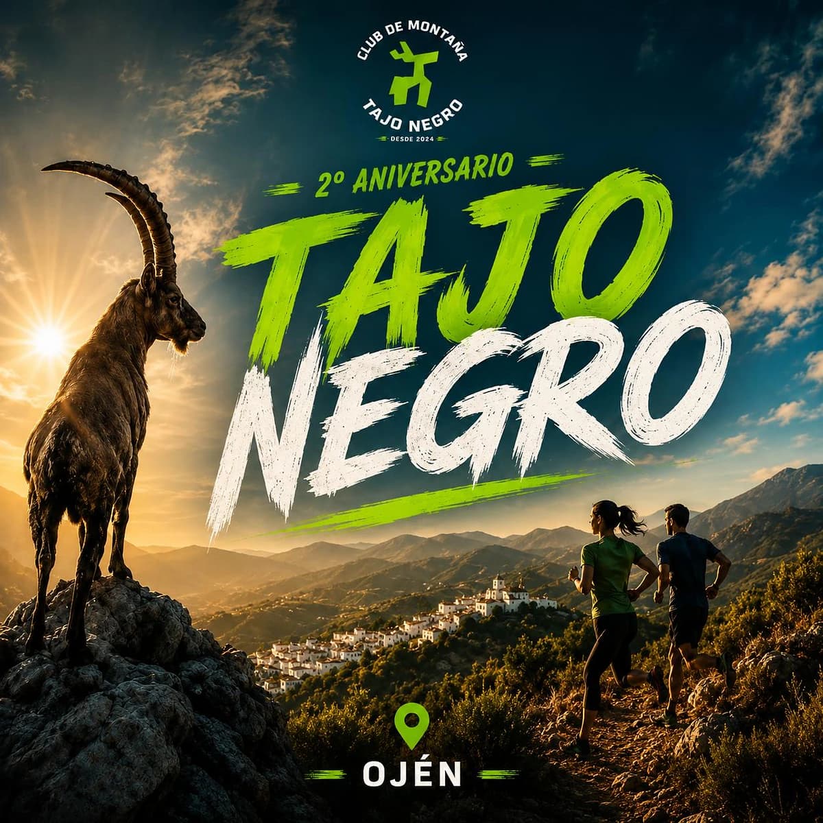 Cartel del segundo aniversario del Club de Montaña Tajo Negro con salida senderista desde la plaza, cabra montés y corredores en la sierra de Ojén.