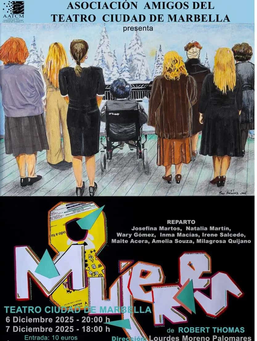 Poster for the play “8 MUJERES” at Teatro Ciudad de Marbella, showing an illustration of eight women seen from behind facing a snowy landscape through large windows, one of them in a wheelchair, and at the bottom the colourful title “8 Mujeres” on a black background with the dates 6 and 7 December 2025 plus cast and director credits.