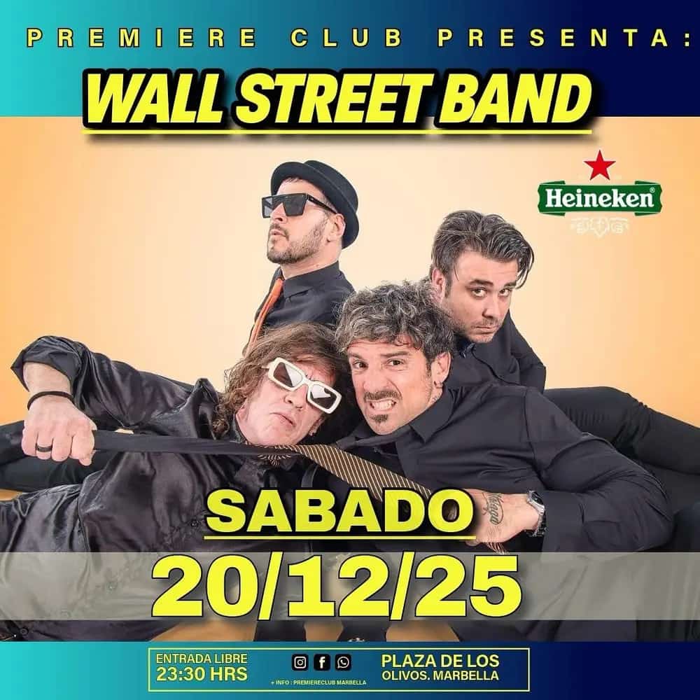 Cartel del evento con Wall Street Band en Premiere Club Marbella, 20 de diciembre a las 11:30 PM. Entrada libre, evento de música en vivo.